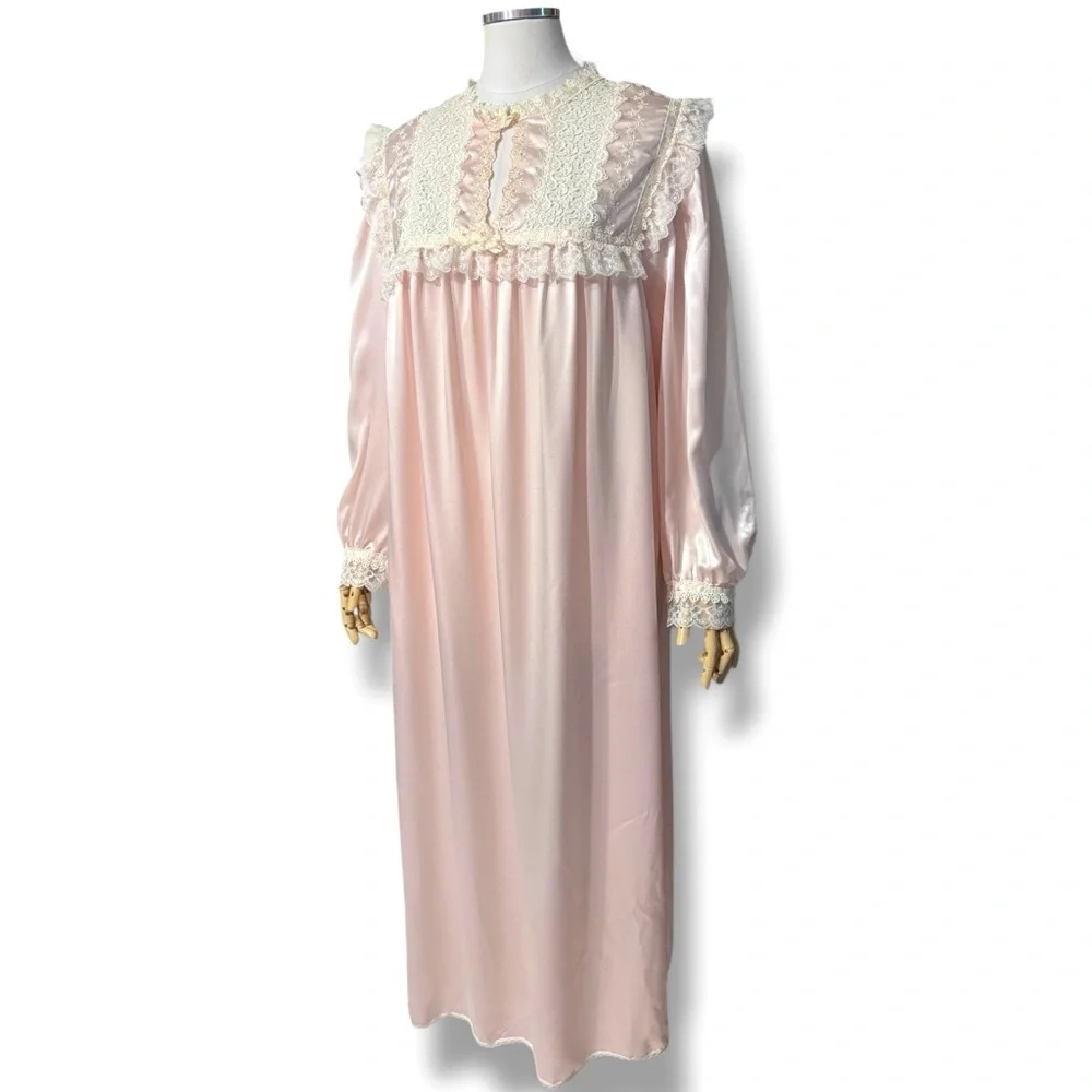 CHRISTIAN DIOR Pale Pink Satin Nightgown with Ivory Lace Detail VINTAGE
